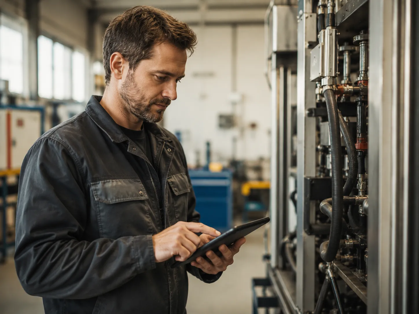 Servicetechniker dokumentiert einen Einsatz am Tablet vor Ort