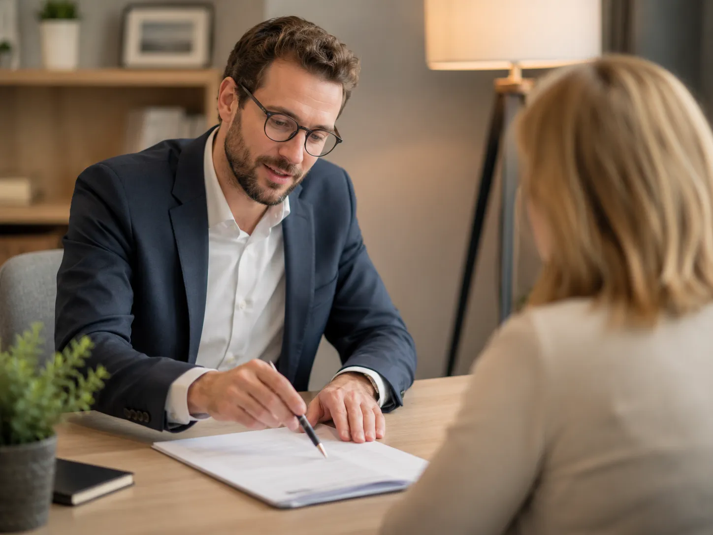 Finanzberater erläutert einem Kunden ein Produktangebot am Tisch