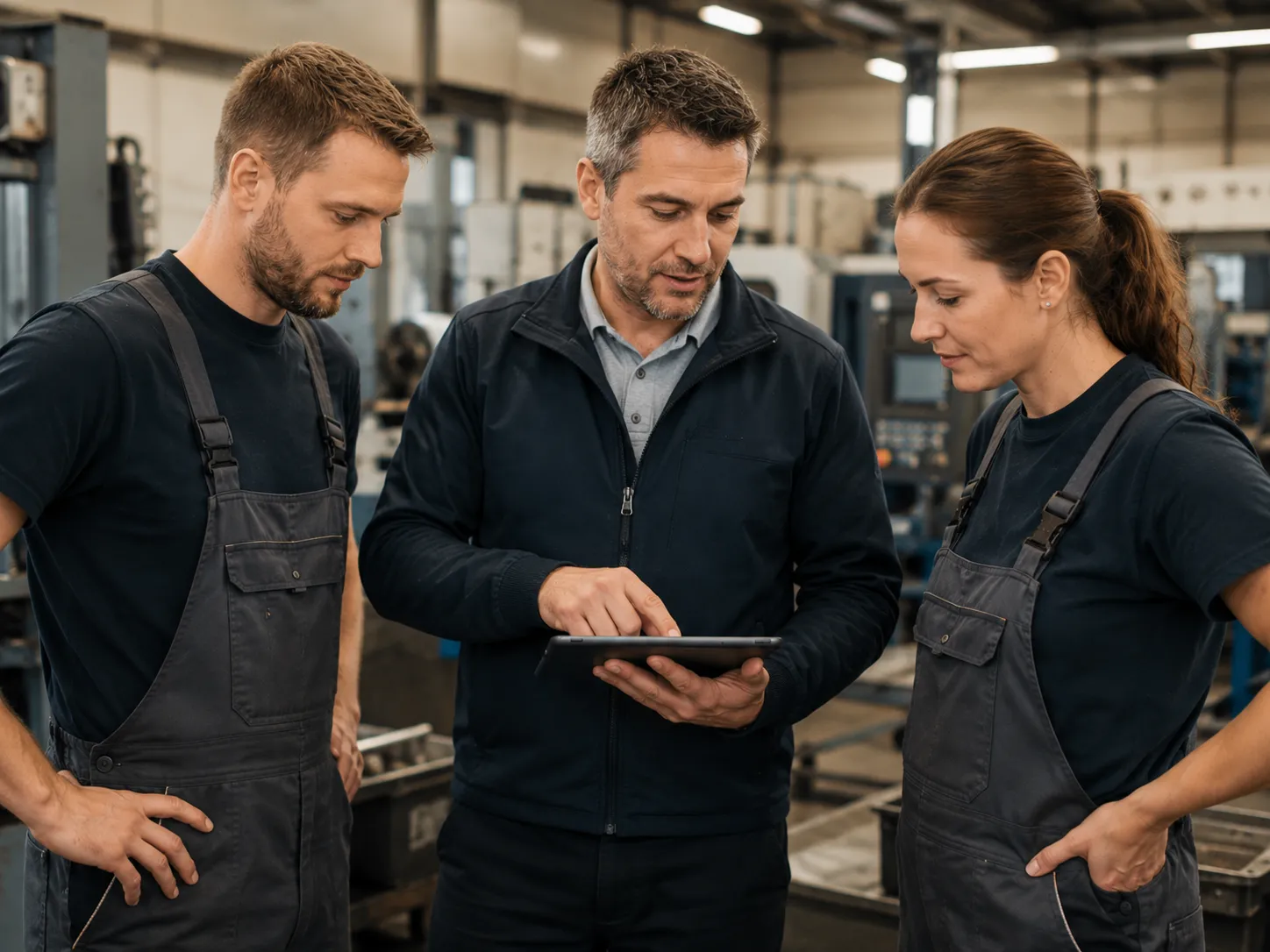 Schichtleiter bespricht Leistungskennzahlen mit dem Team am Tablet