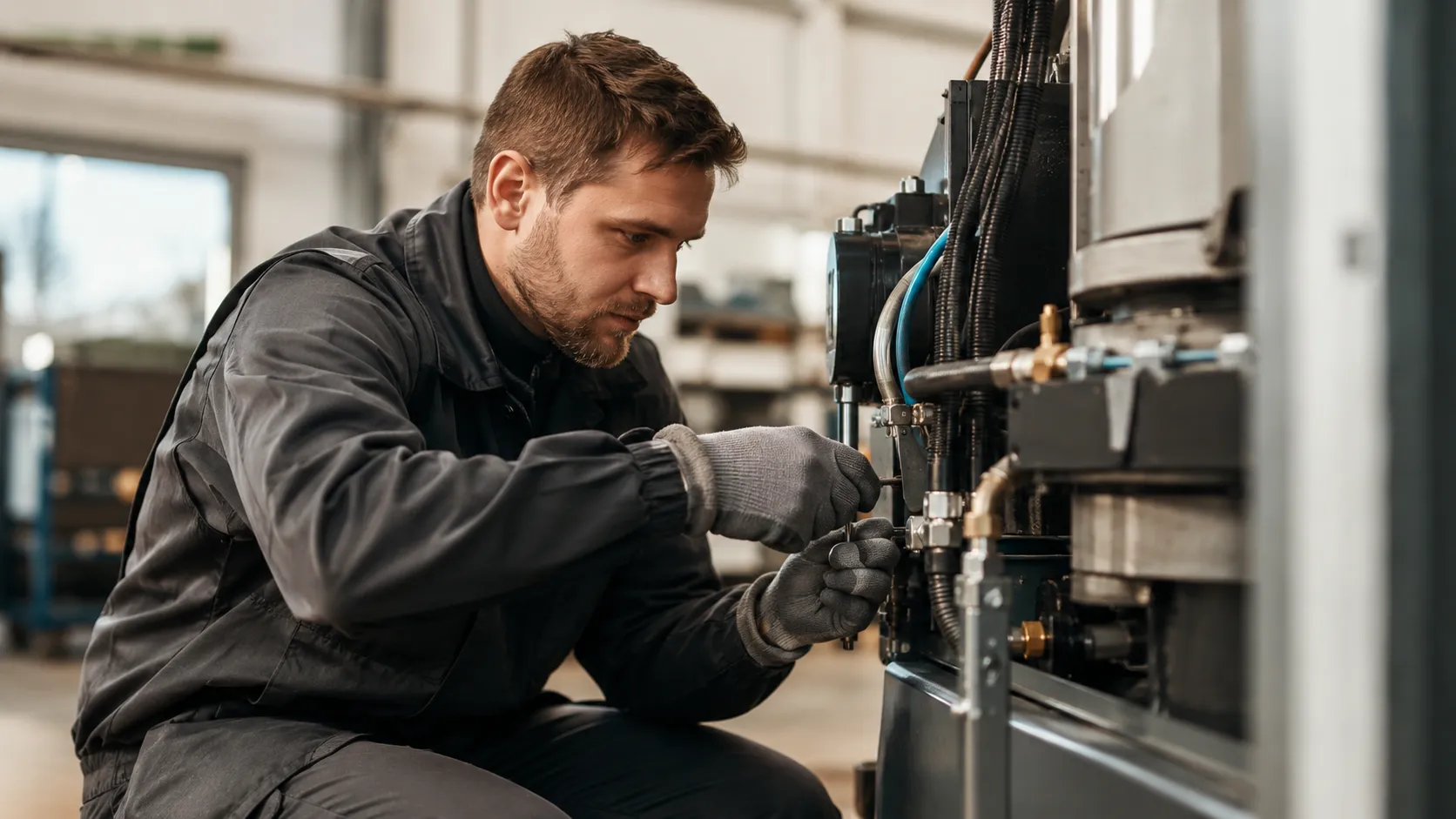 Servicetechniker bei der Arbeit an einer Maschine im Kundeneinsatz